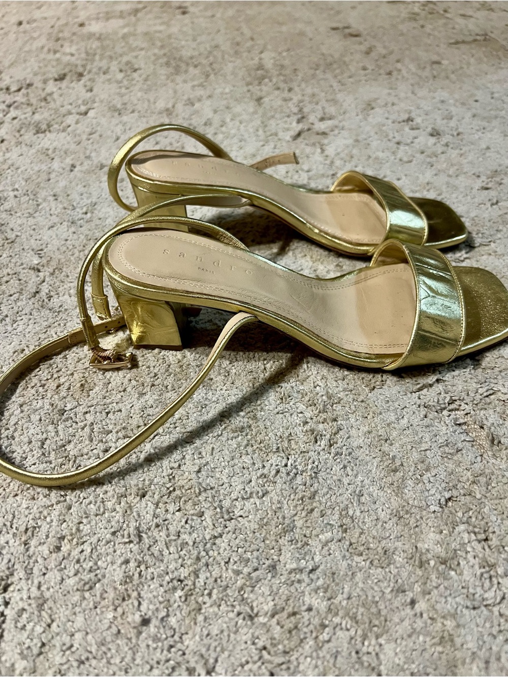 Sandro Metallic Gold Low Block Heel Sandals